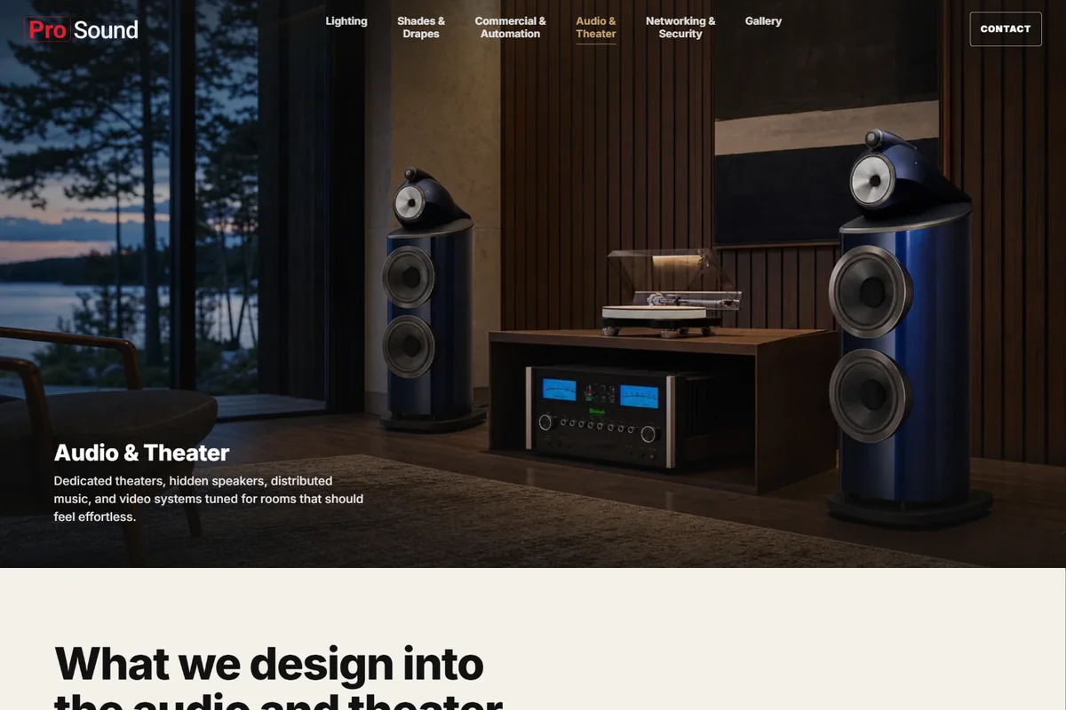 ProSound audio and theater page showcasing premium speakers in a lakeside listening room.