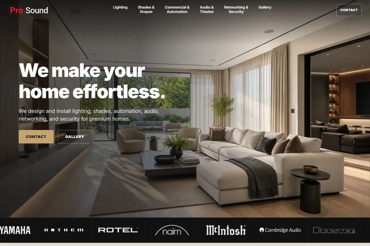 ProSound homepage featuring a contemporary living room and the headline We make your home effortless.