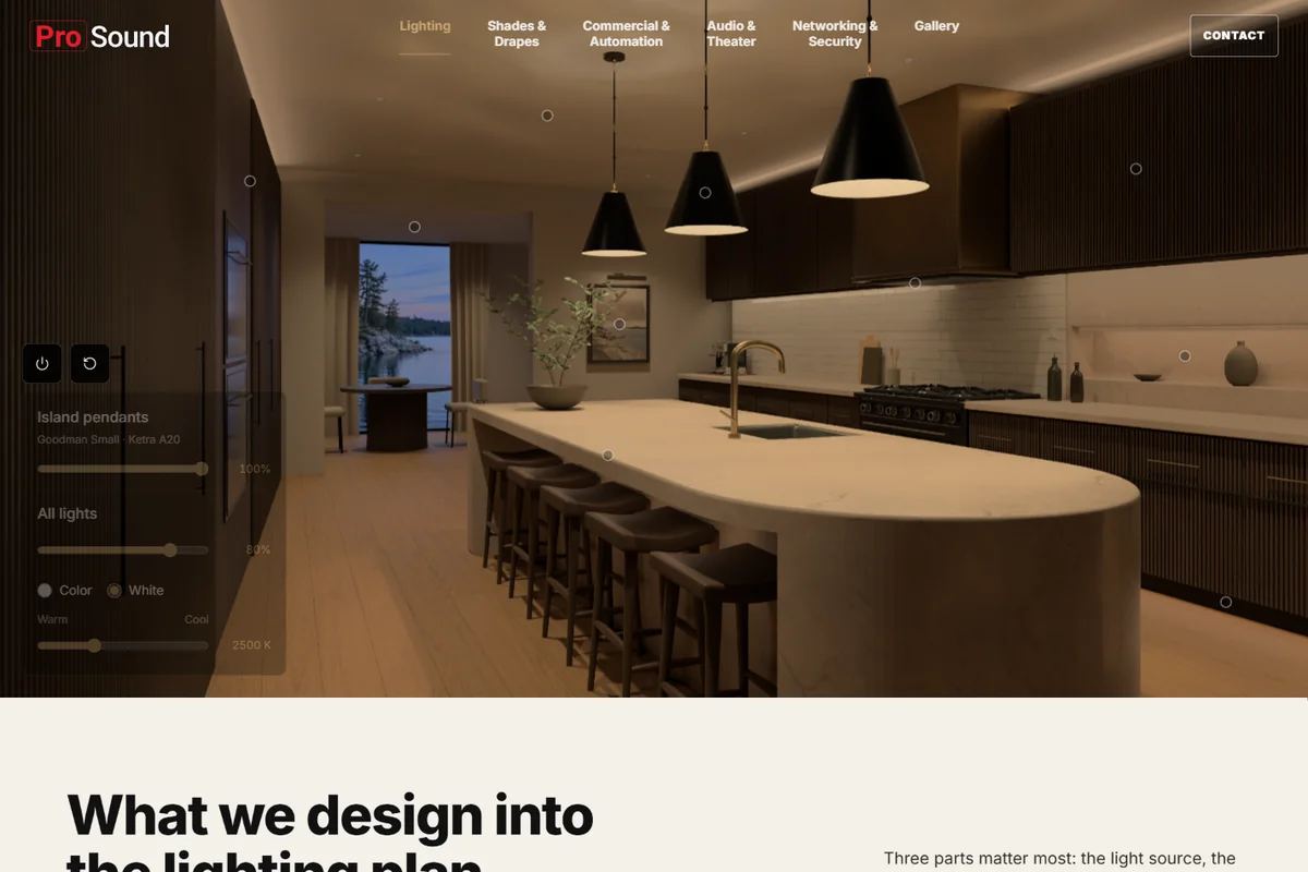 ProSound lighting page with an interactive lighting demonstration in a modern kitchen.